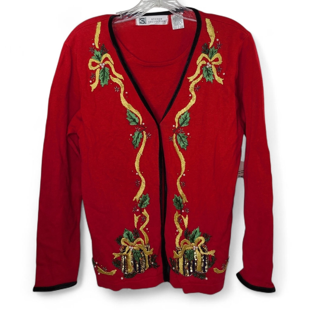 STUDIO COLLECTION Christmas Cardigan Sweater Attached Shell Embroidery Red S NWT